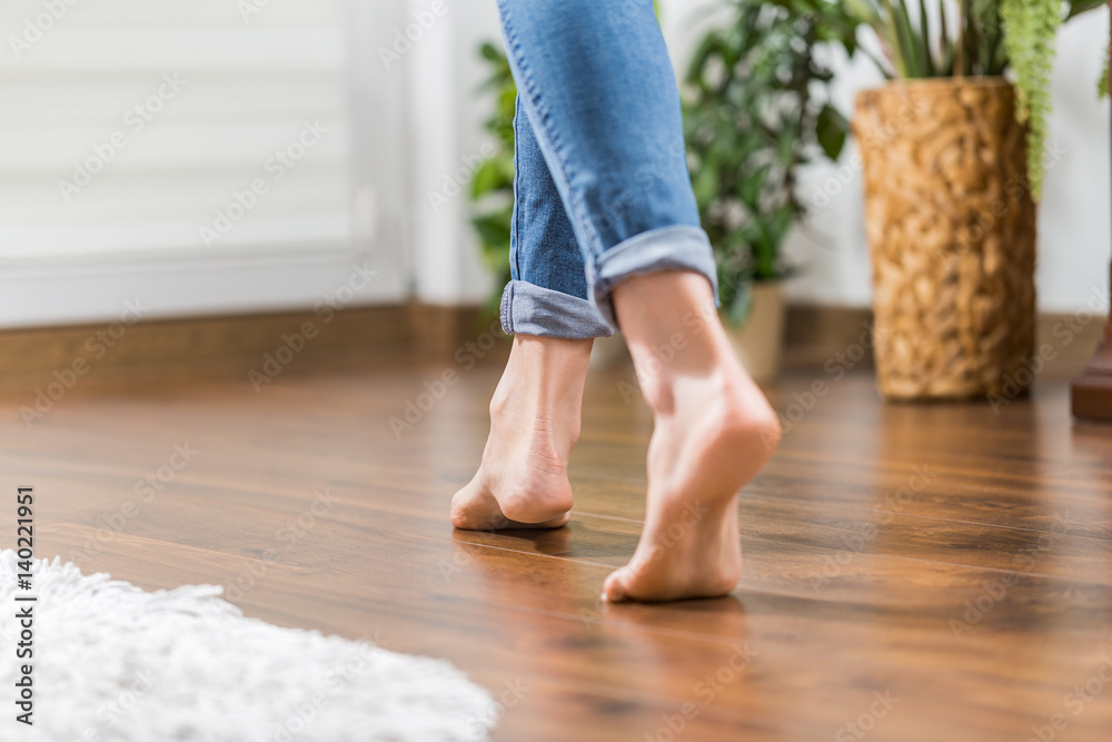 Warm floor - the concept of floor heating and wooden panels. - obrazy, fototapety, plakaty 