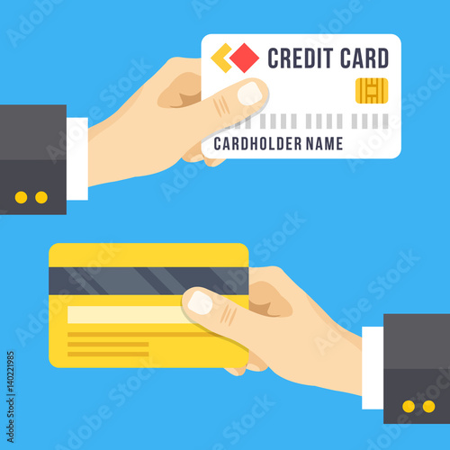 Hand holding credit card set. Credit card front and back, face and reverse sides. Modern flat design graphic elements. Vector illustration