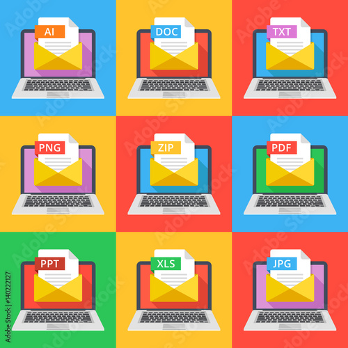 Laptops with envelopes and documents with different extensions. Email attachments, e-mail documents concept. AI, DOC, TXT, PNG, ZIP, PDF, PPT, XLS and JPG file extensions. Flat design vector icons set