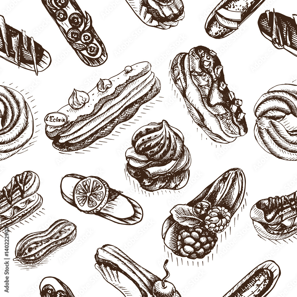 Vector illustration sketch eclair. Pattern profiterole. Vector illustration sketch eclair. Pattern profiterole.