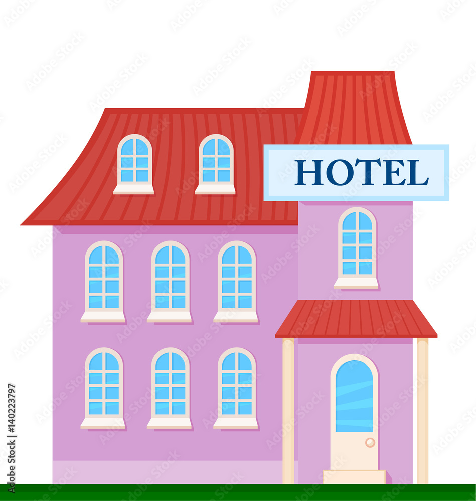 Hotel front view on nature background, vector illustration