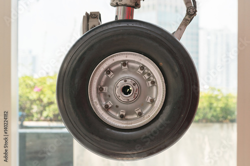 Close up of an airplane undercarriage or landing gear