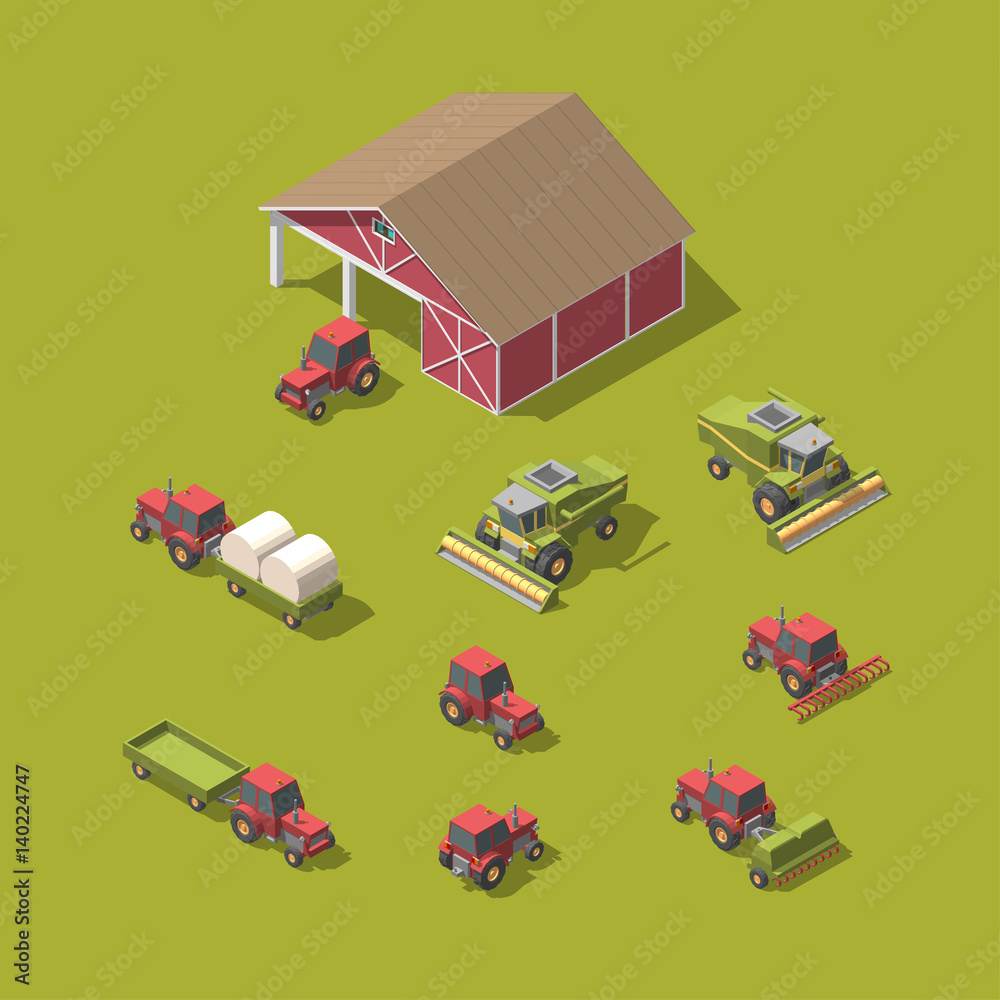 Obraz premium Set of vector agricultural machinery and workshop vector illustration