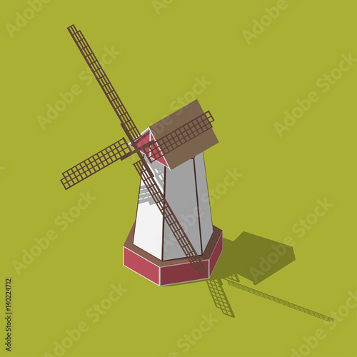 Dutch windmills isometric. Vector illustration isolated on a green background