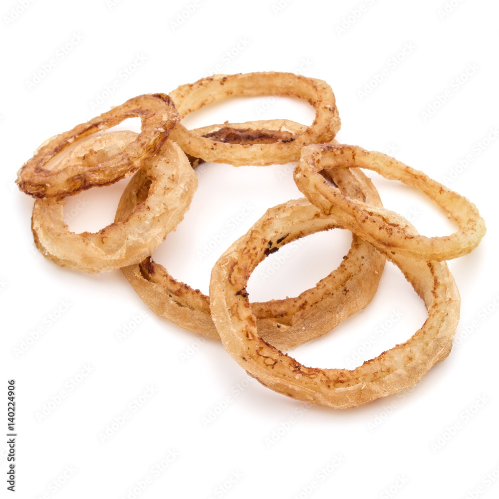 Delicious crispy fried onion rings isolated on white Delicious crispy fried onion rings isolated on white
