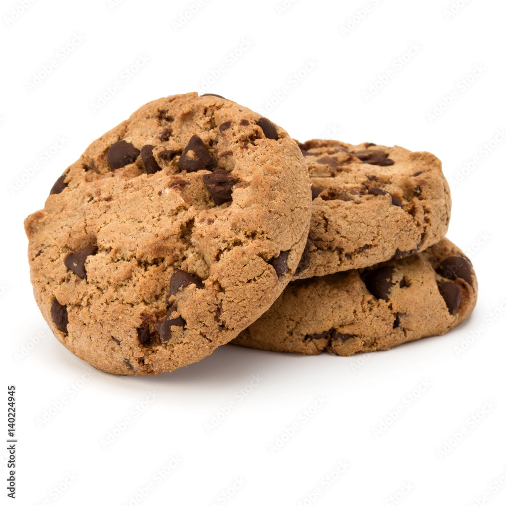 Three Chocolate chip cookies isolated on white background. Sweet biscuits. Homemade pastry. Three Chocolate chip cookies isolated on white background. Sweet biscuits. Homemade pastry.