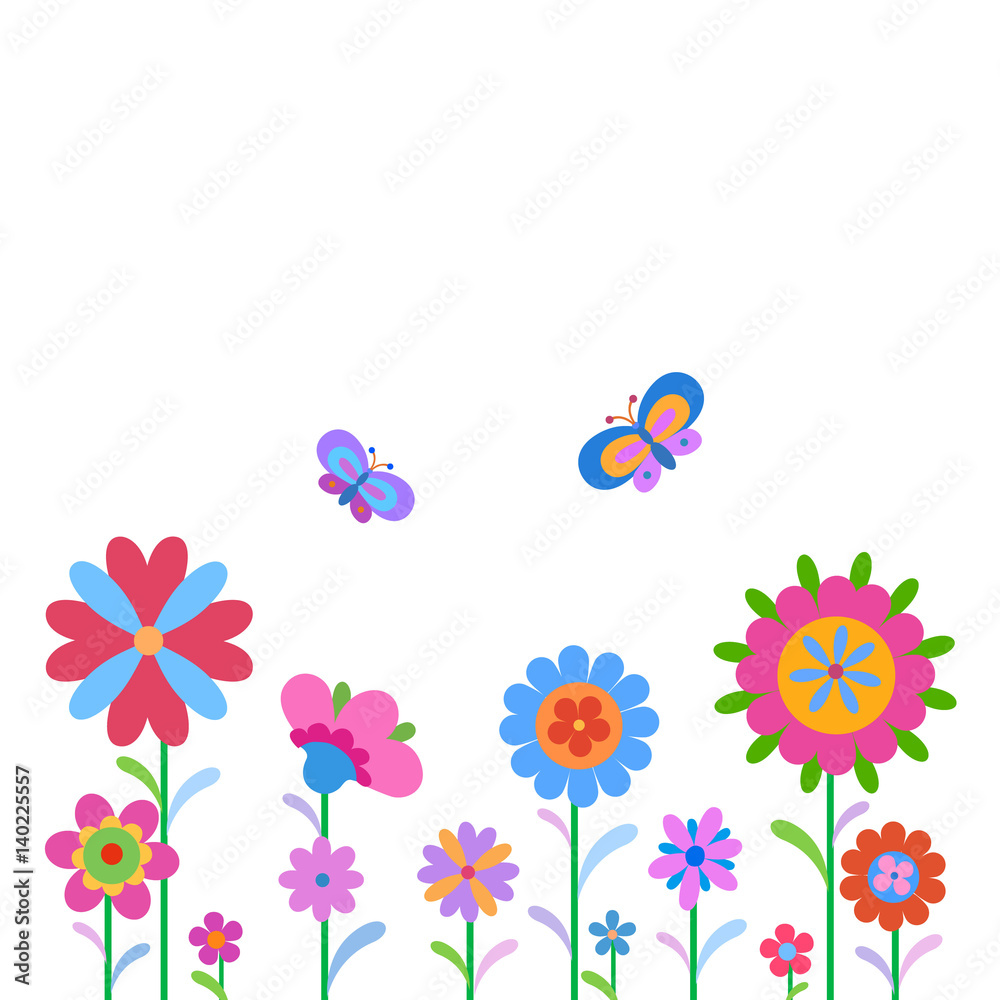 Background with naive style colorful flowers and butterfly