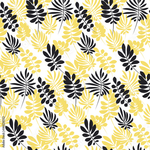 Modern plant pattern. Yellow and black tropical leaves seamless pattern for wrapping paper, fabric, box, cloth, background, wallpaper. Nature repeatable surface design in hand drawn style