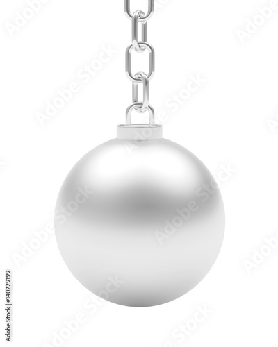Silver ball hanging on chain isolated on white background. 3D illustration