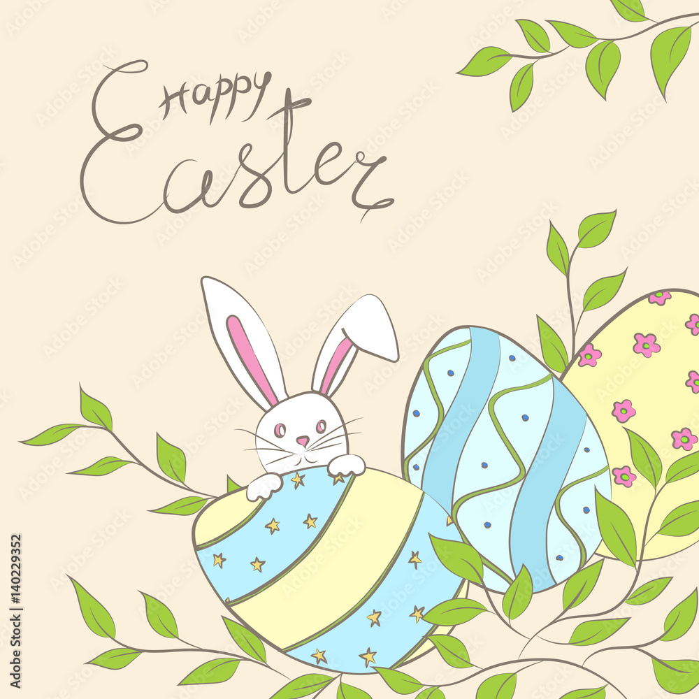 Easter card with eggs, rabbit, green branch and lettering, hand Easter card with eggs, rabbit, green branch and lettering, hand