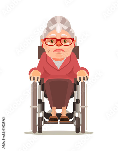 Happy smiling old woman character sitting in wheelchair. Vector flat cartoon illustration