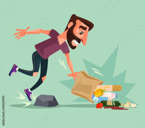 Man character stumbled over stone and dropped packet of food. Vector flat cartoon illustration