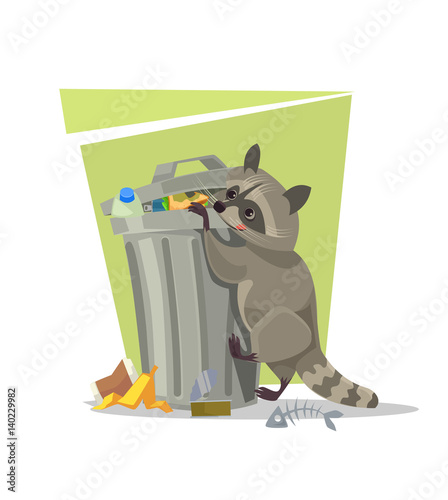 Raccoon character looking for food in trash can. Vector flat cartoon illustration