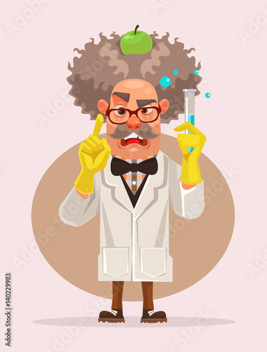 Crazy scientist man character holding flask. Vector flat cartoon illustration