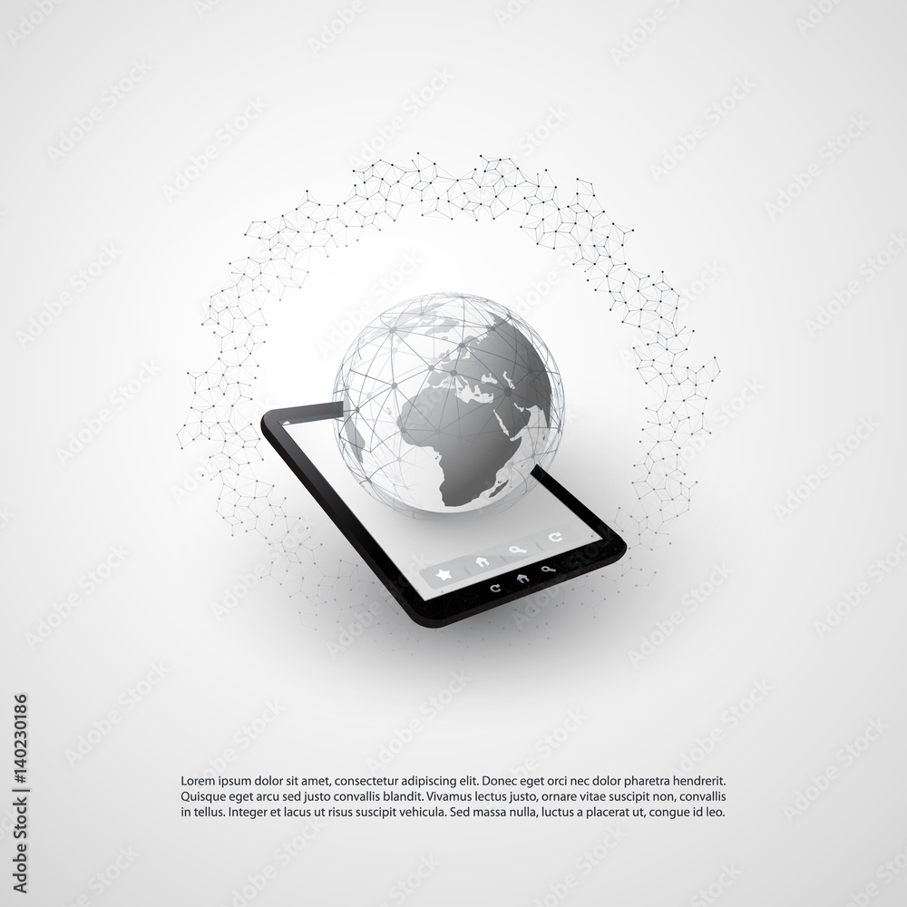 Abstract Cloud Computing and Global Network Connections Concept Design with Tablet PC, Wireless Mobile Device, Transparent Geometric Mesh - Illustration in Editable Vector Format Abstract Cloud Computing and Global Network Connections Concept Design with Tablet PC, Wireless Mobile Device, Transparent Geometric Mesh - Illustration in Editable Vector Format