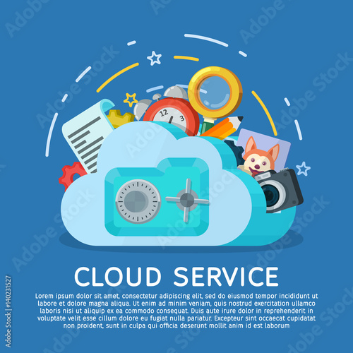 Cloud computing services banner in flat style. Networking communication and data icons. Data provision and cloud computing services. Protection of personal data. Safe with lock. Vector illustration.