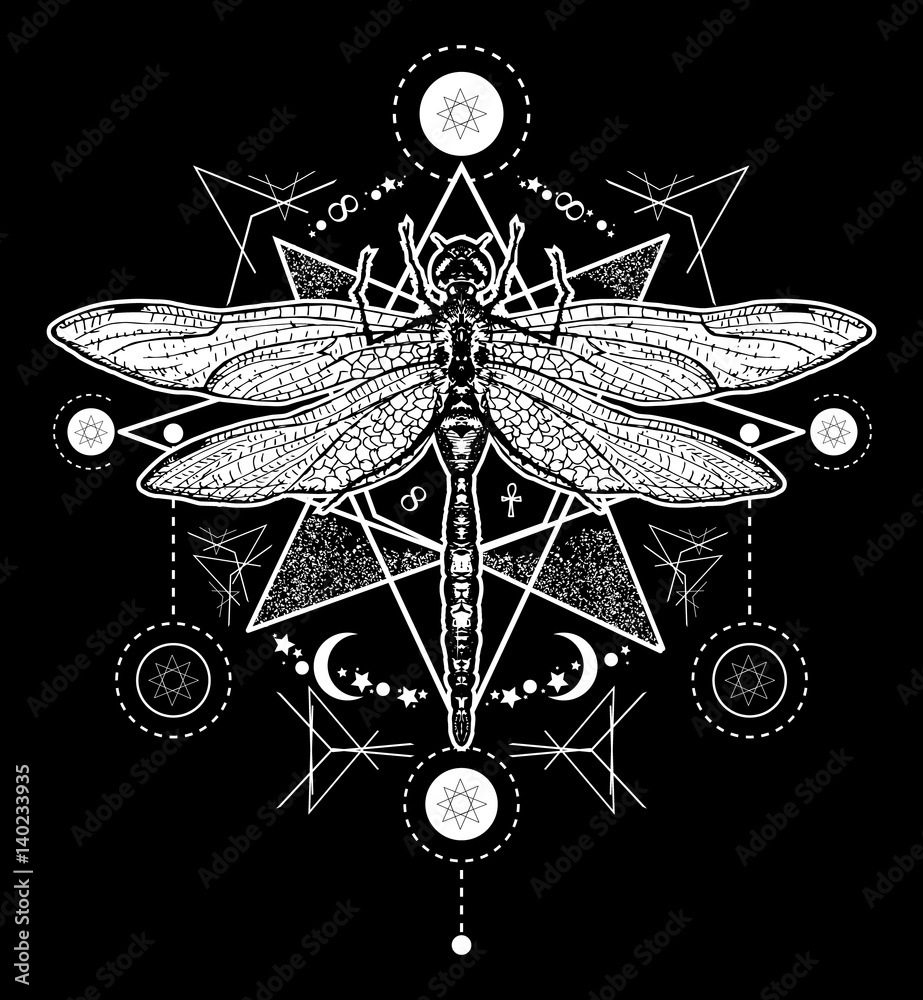 Dragonfly tattoo. Hand drawn mystical symbols and insects. Dragonfly