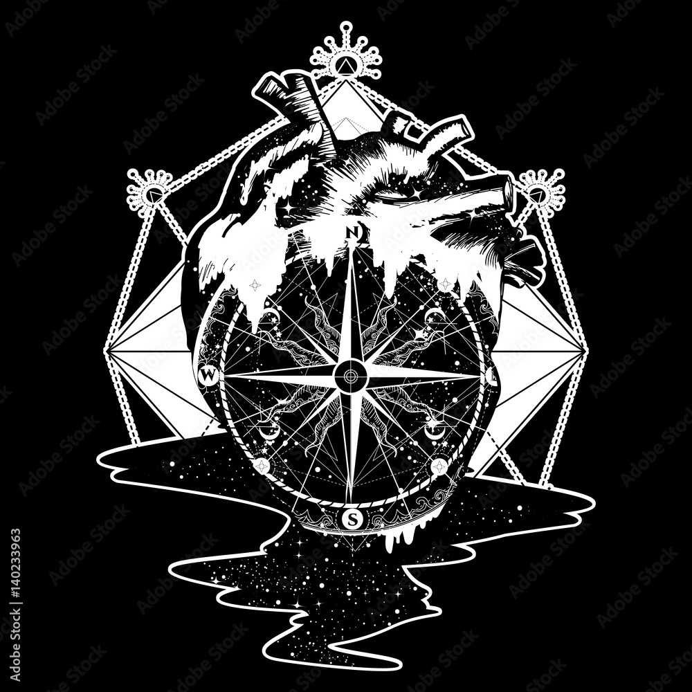 Compass in the heart steampunk tattoo, geometric style. Symbol of travel  and love vector. Surreal anatomical heart tattoo boho style, t-shirt design.  adventure, travel, outdoors. Love tattoo concept Stock Vector | Adobe