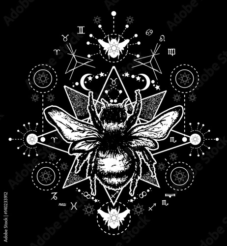 Bee tattoo art. Hand drawn sketch of bumblebee. Bee tattoo sketch.