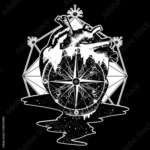 Compass in the heart steampunk tattoo, geometric style. Symbol of travel and love vector. Surreal anatomical heart tattoo boho style, t-shirt design. adventure, travel, outdoors. Love tattoo concept