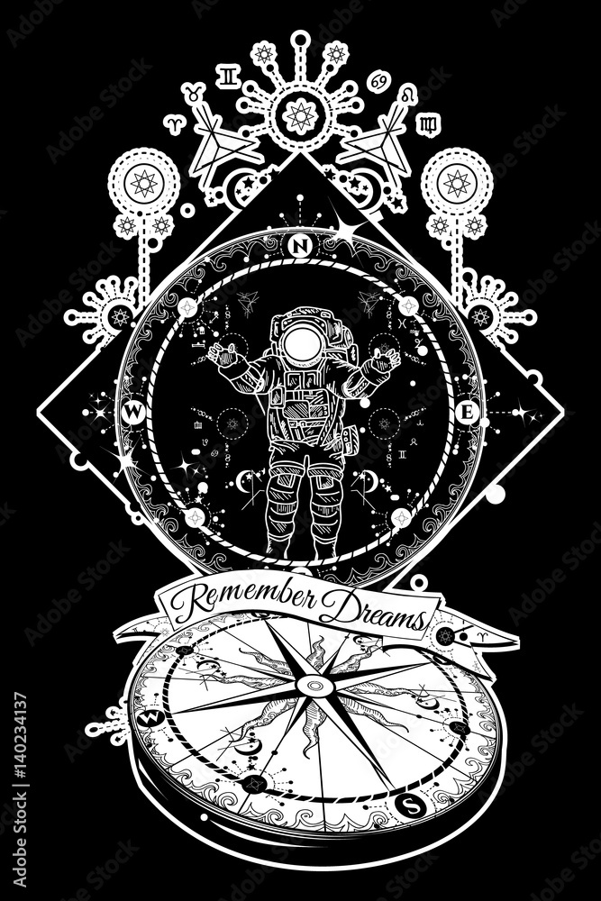 Astronaut in deep space tattoo. Travel in boundless universe. Mysticism, spirituality, astrology tattoo art. Magical symbols traveler, dreamer, adventure, meditation. Surrealist travel compass tattoo
