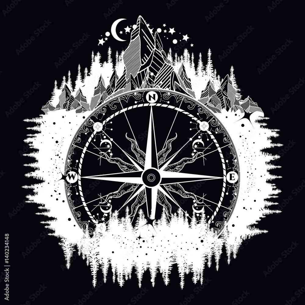 Vintage Hand Drawn Wind Rose Vector In Black And White. Compass Symbol  Tattoo Drawing. Royalty Free SVG, Cliparts, Vectors, and Stock  Illustration. Image 150403643.
