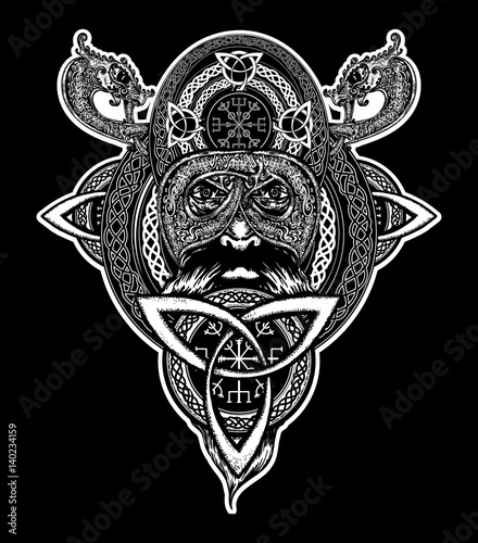 Viking warrior tattoo. Northern warrior, t-shirt design.  Celtic emblem of Odin. Northern dragons, viking helmet, ethnic style