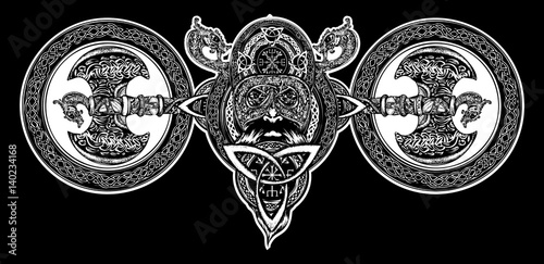 Viking tattoo, Celtic style. North warrior head t-shirt design