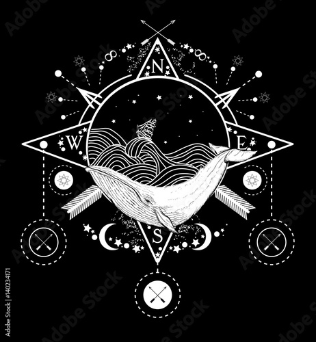 Whale under water tattoo art whale in the sea graphic style. Ship storm waves. Travel, adventure, outdoors, tattoo symbol. Whale tattoo for hipsters, travelers. Water waves in the sea marine tattoo