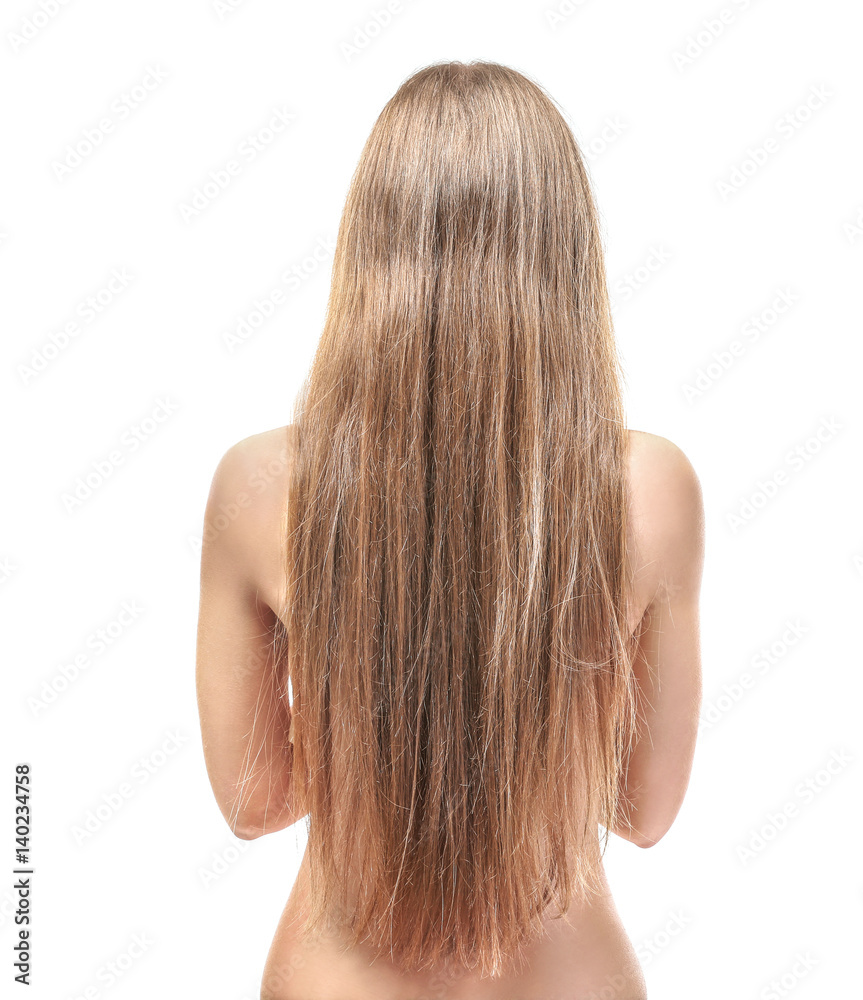 Back view of young woman with beautiful long hair on white background Back view of young woman with beautiful long hair on white background