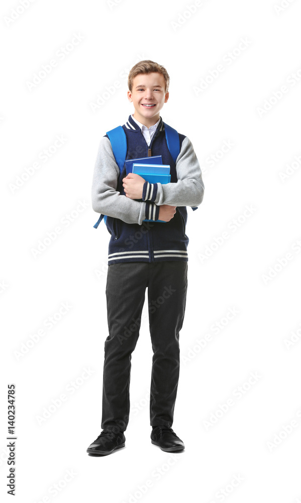 Teenage boy with backpack and books on white background Teenage boy with backpack and books on white background