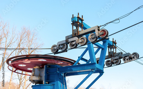 Roller system for Ski Lift at mountain ski resort in winter sunny day in Samara, Russia