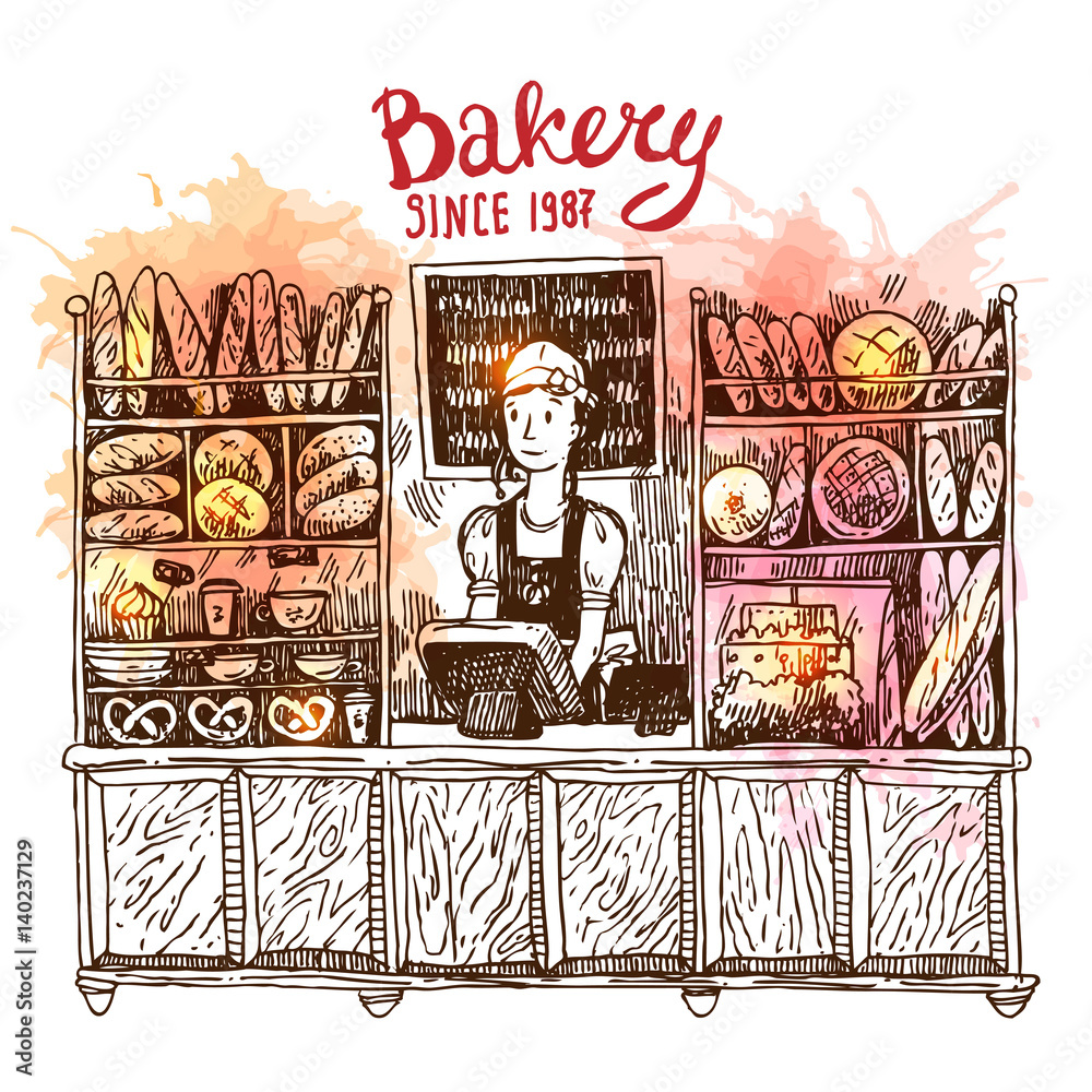 Hand drawn vector sketch interior of bakery shop.