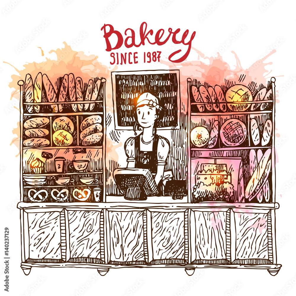 Obraz premium Hand drawn vector sketch interior of bakery shop.
