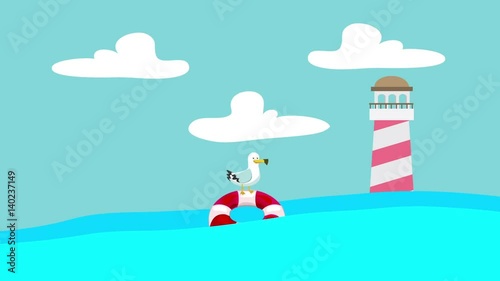 Cartoon Seagull Standing on a Lifebuoy Floating Between the Sea Waves with a Lighthouse photo