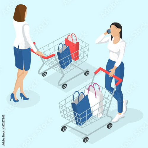Young women with shopping cart. 
