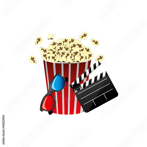 pop corn, film production, film board and 3d glasses, vector illustraction