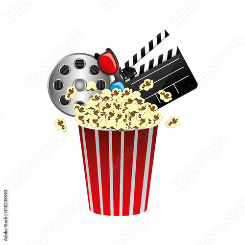 pop corn, film production, film board and 3d glasses, vector illustraction