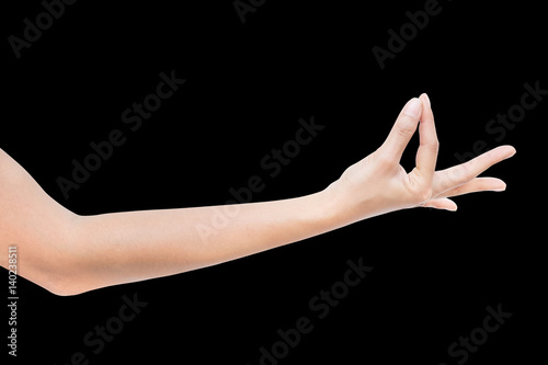 right side hand of a business woman, OK, Agree, Accept, Pleated sign, isolated on black background