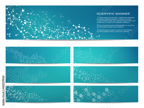Set of modern scientific banners. Molecule structure DNA and neurons. Abstract background. Medicine, science, technology, business, website templates. Scalable vector graphics.