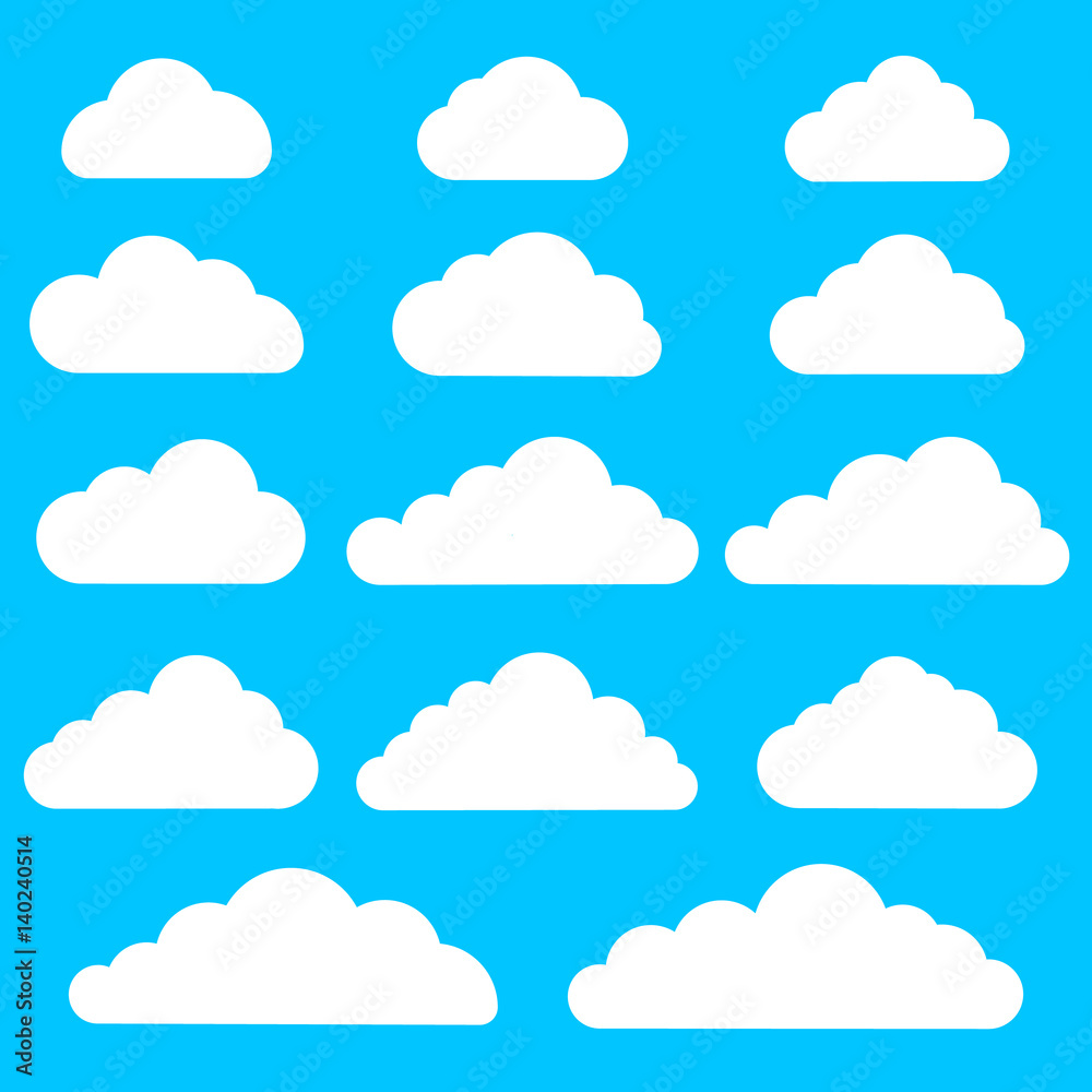 Set of cloud icons on blue background. Collection of different cloud icons.Vector illustration. Set of cloud icons on blue background. Collection of different cloud icons.Vector illustration.