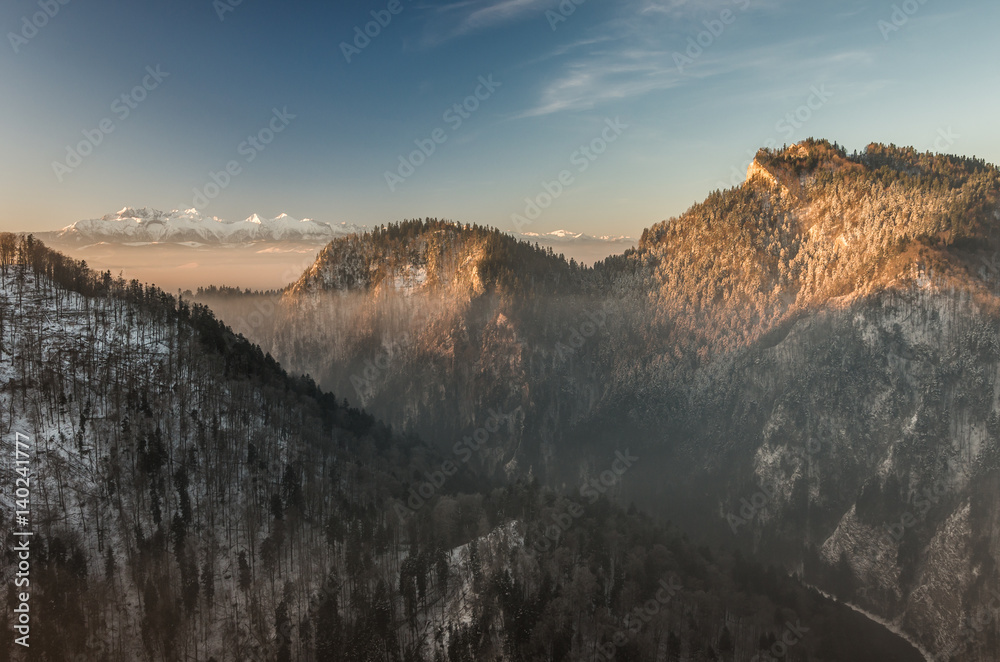 Winter morning landscape of Pieniny mountains from Sokolica peak in the morning, Poland
