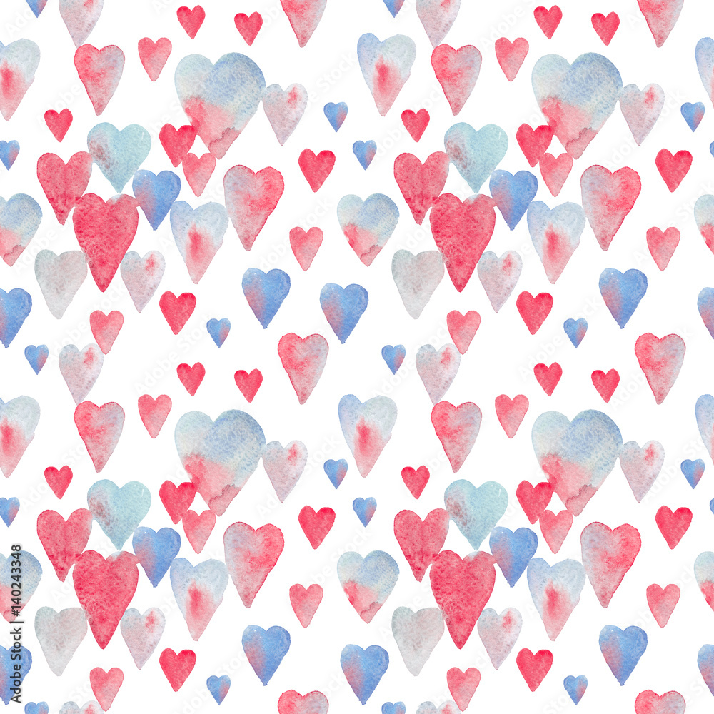 Seamless watercolor pattern with colorful hearts - red, blue, grey tints.