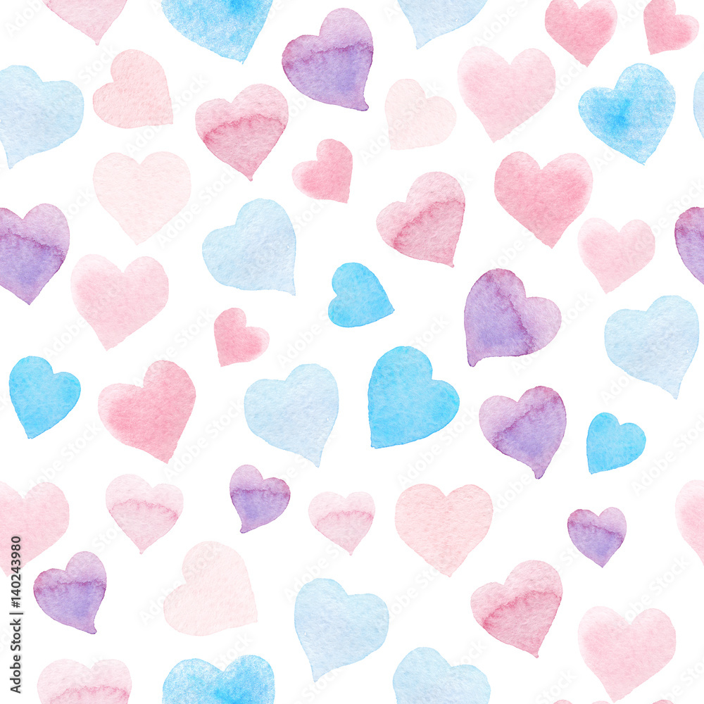 Seamless watercolor pattern with colorful hearts - pink, purple, blue tints.