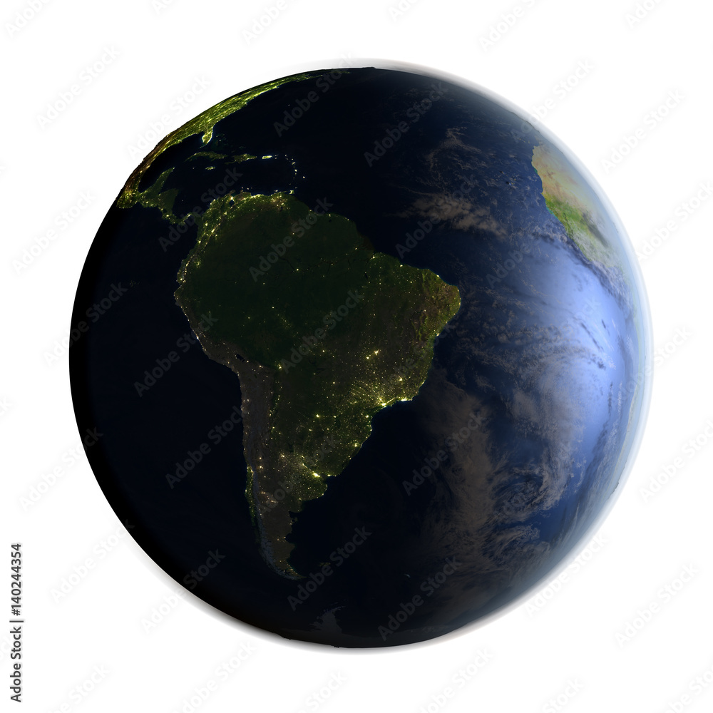 South America on Earth at night isolated on white