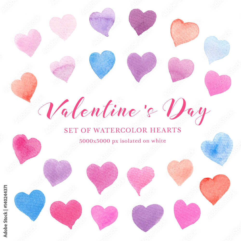 Watercolor collection of colorful hearts isolated on white - pink, red, purple, blue tints.