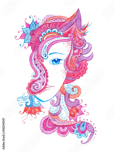 Canvas Print Whimsical hand drawn illustration with watercolor zentangles, female portrait