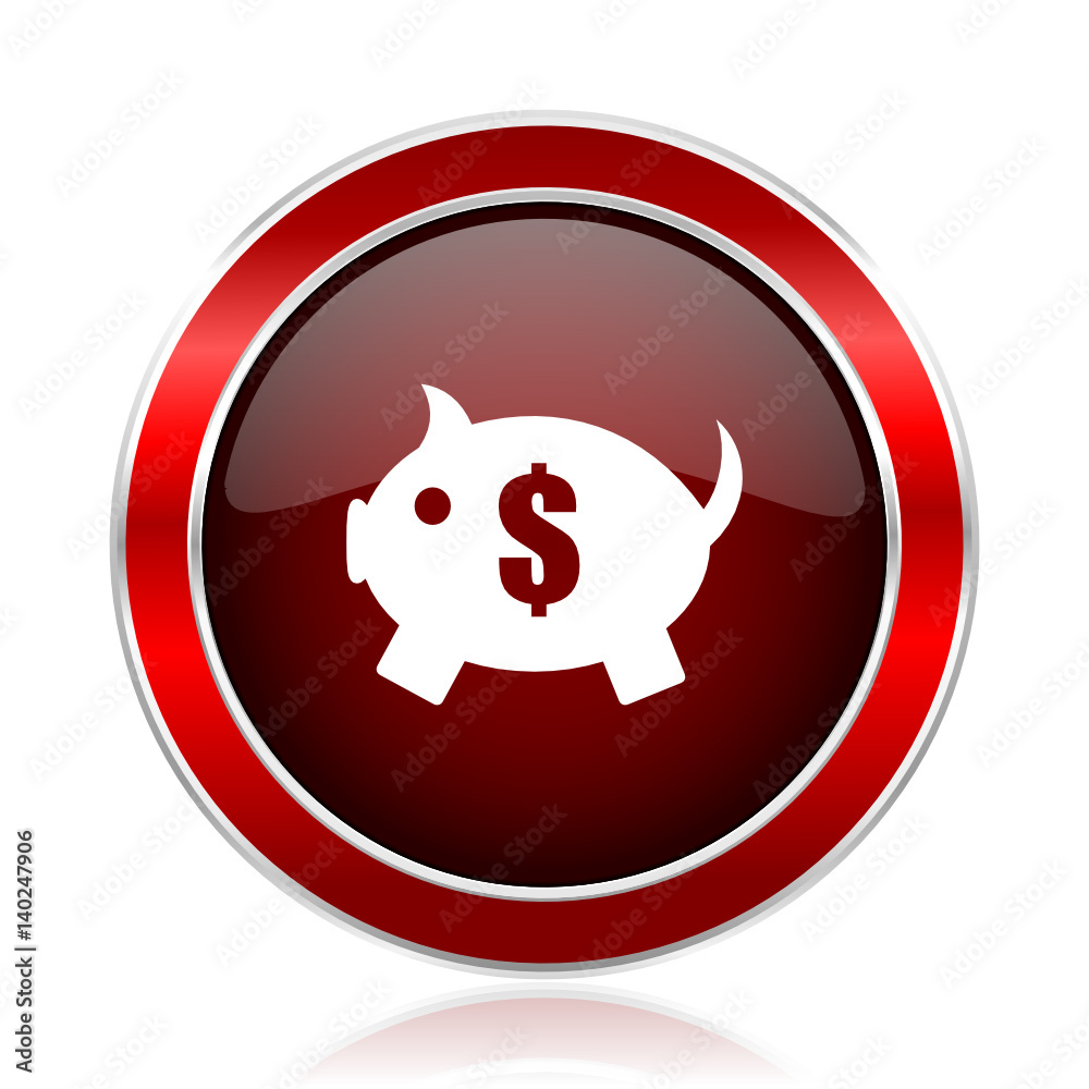 Piggy bank red silver metallic web and smartphone vector icon isolated on white background.