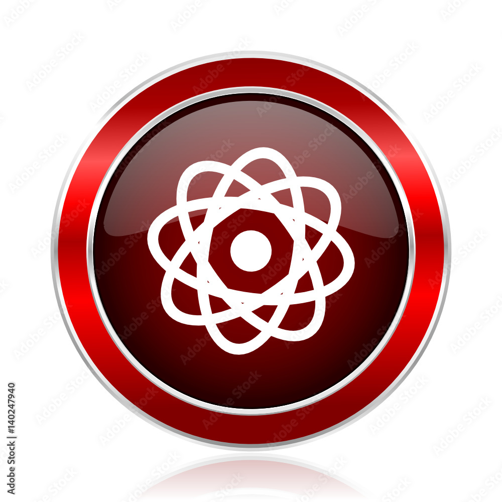 Atom red round glossy vector web icon. Circle modern design chrome metal border abstract sign for smartphone applications Atom red round glossy vector web icon. Circle modern design chrome metal border abstract sign for smartphone applications