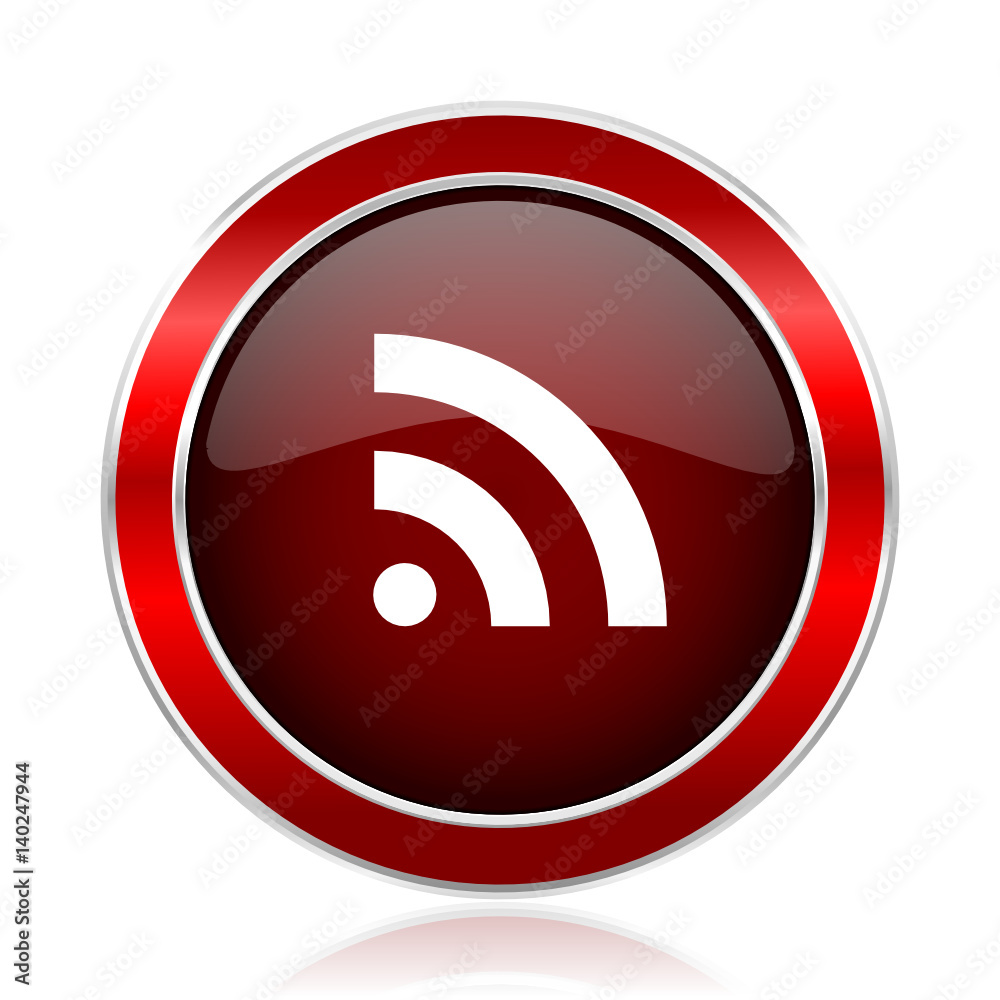 Rss red round glossy vector web icon. Circle modern design chrome metal border abstract sign for smartphone applications Rss red round glossy vector web icon. Circle modern design chrome metal border abstract sign for smartphone applications